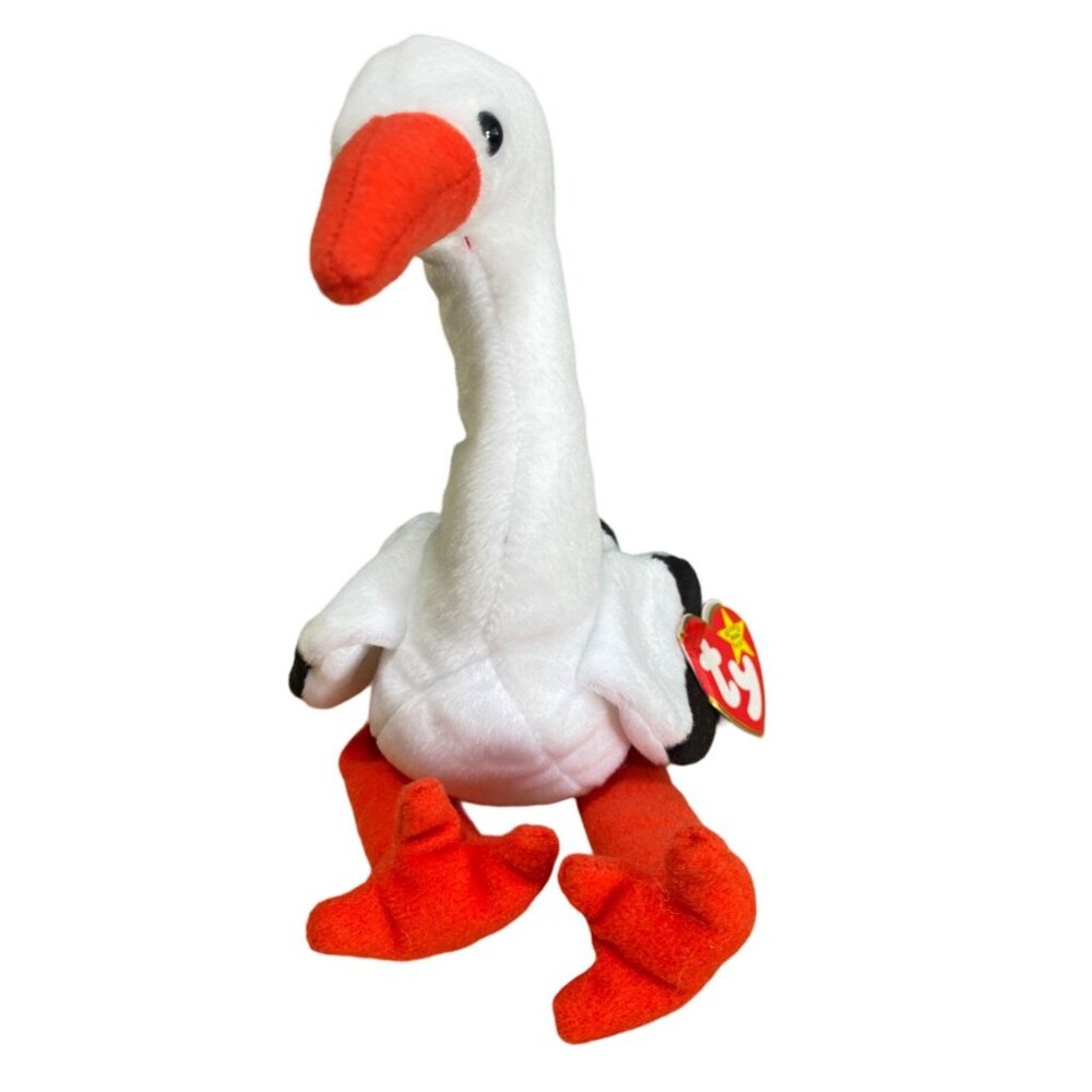 Ty Beanie Baby Stork Plush Bird Original Baby Collectible Toy White Black Orange